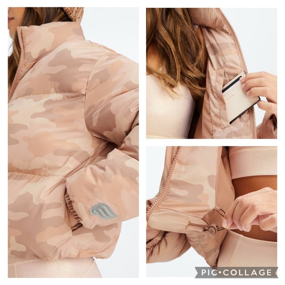 Fabletics Wonder Crush Tan Multi Camo Cropped Puffer Jacket in Teddy Size 1X - Picture 2 of 13